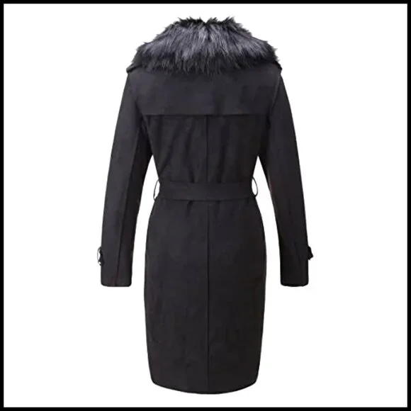 Faux Leather Trench Coat Fleece-Lined Mid-Length Detachable Fur Collar